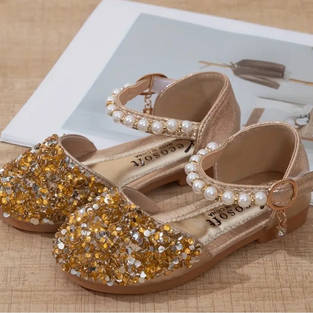 Gold Sparkle Kids Shoes with Pearl Strap